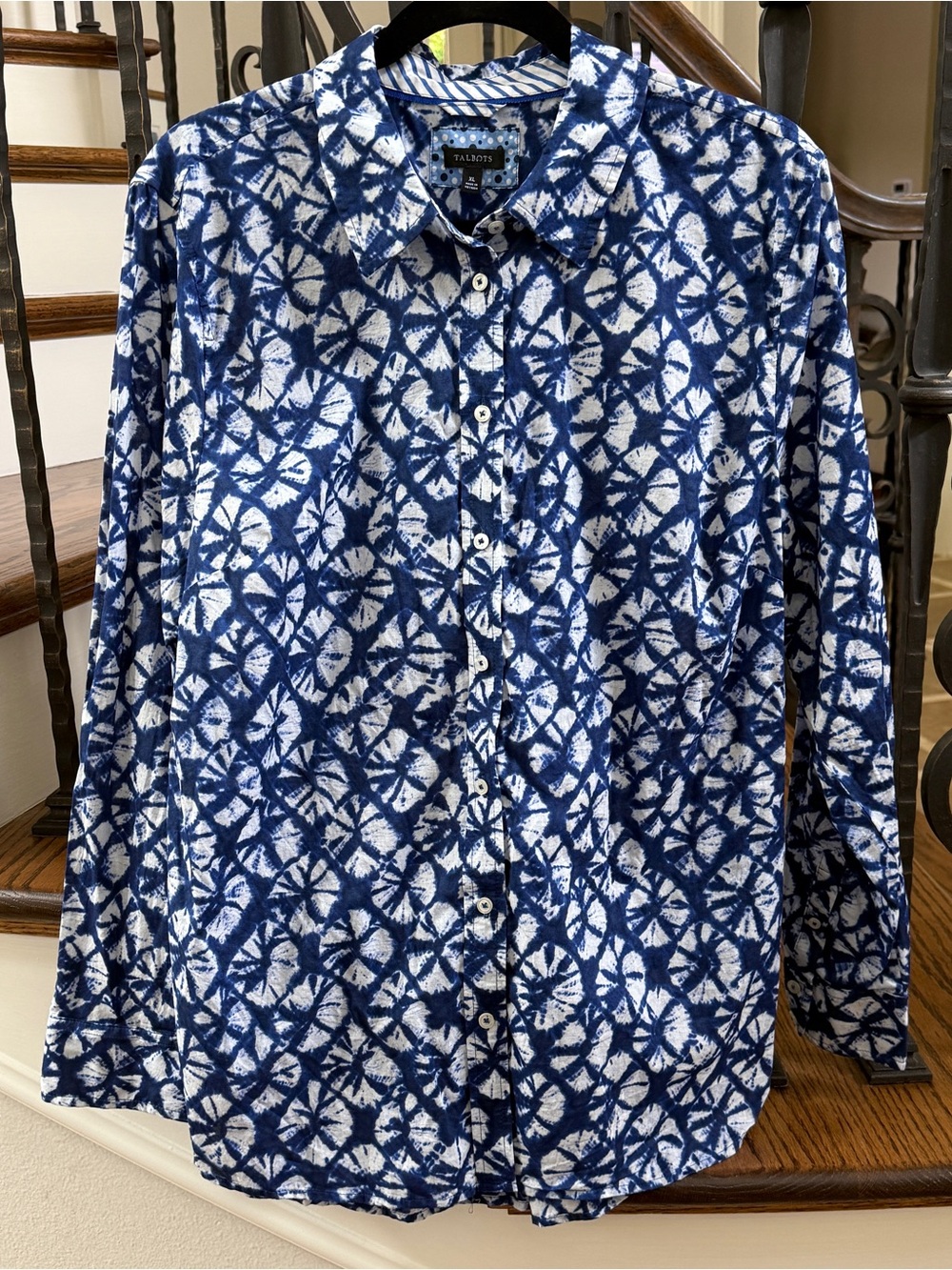 Talbots Navy & White Geometric Button-Front Blouse